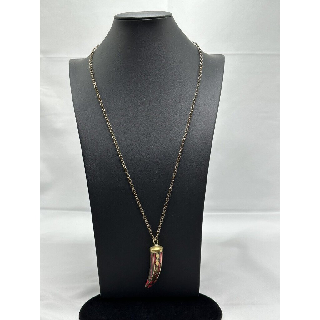 2 1/4 Exotic Tribal Red Stone Shard Inlay Black Gold Boho Necklace